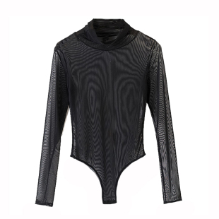 超薄连裆弹力修身网纱T恤长袖半高领紧身连体打底内搭欧美透视衫