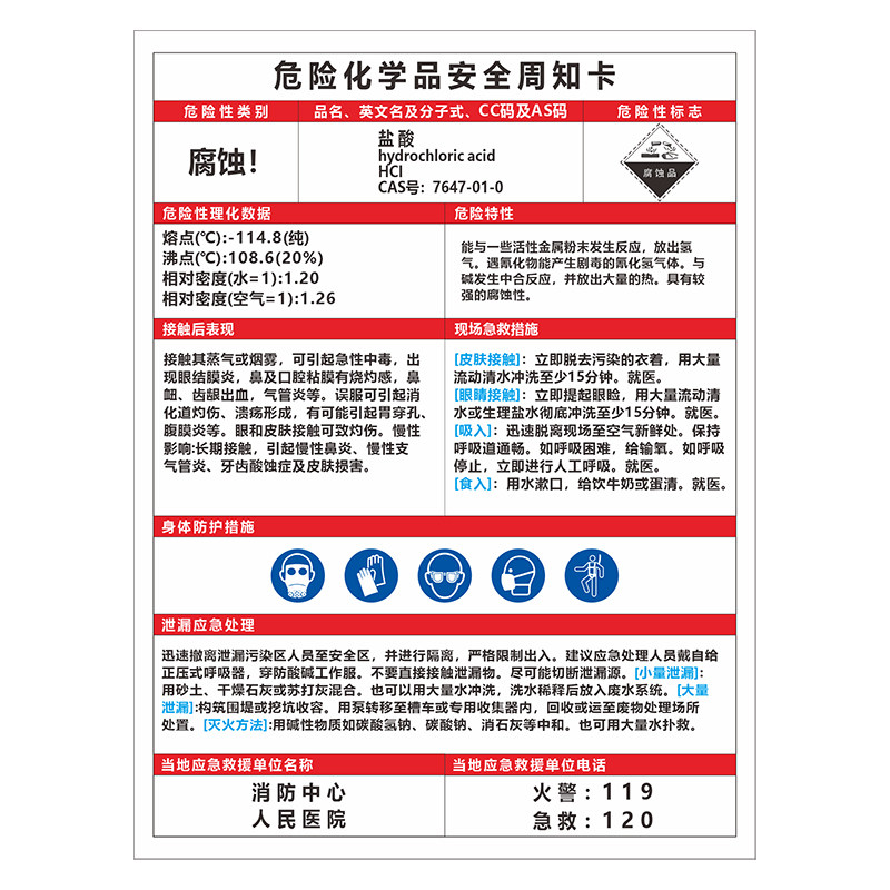 危险化学品安全周知卡危化品物质危害告知卡盐酸 硫酸 硝酸 液碱 液氮油漆乙炔仓库标识牌警示牌定制标志牌子