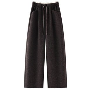 松紧腰雪花毛呢弯刀休闲裤女2025秋冬季新款宽松显瘦百搭阔腿裤子