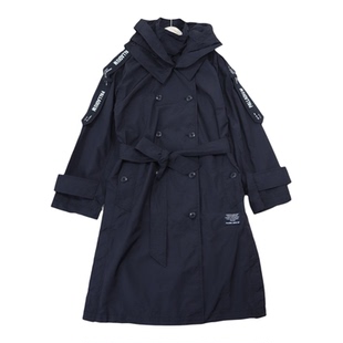 外贸黑色双排扣风衣外套女春秋新款高级感中长款连帽风衣外套