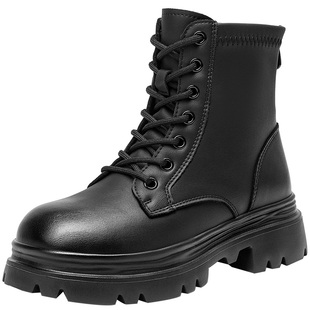 大东女靴马丁靴2025冬季新款时尚潮流圆头粗跟中跟后拉链系带短靴