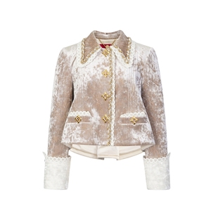 lefame拉飞姆宽松版型精致A摆丝绒花边短款外套