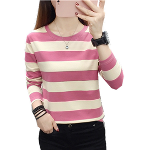 2024春秋外穿长袖t恤女宽松大码秋衣打底衫中年妈妈初秋条纹上衣