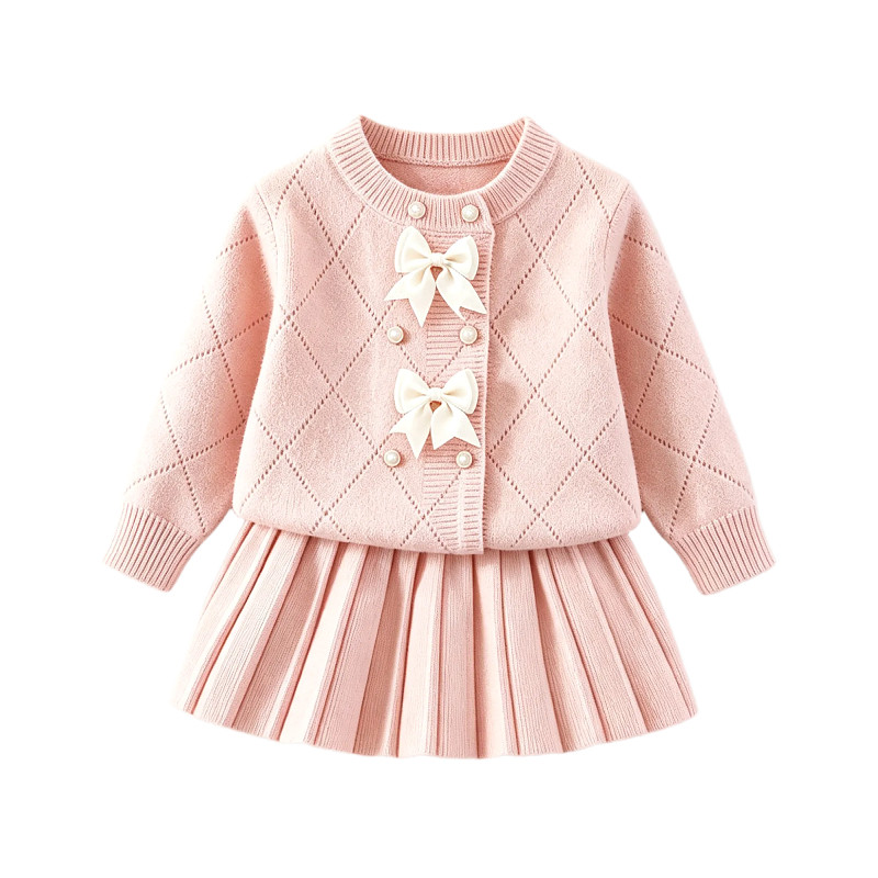 女宝宝菱格毛衣开衫百褶短裙套装女童春秋冬蝴蝶结长袖针织衫童装