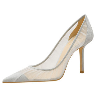 皎月浮光rosecastle婚鞋女新娘鞋尖头浅口网纱高跟鞋时尚蕾丝单鞋