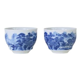 【两只装】景德镇复古夏日山居客杯青花山水杯子品茗杯茶杯个人杯