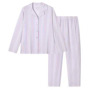 舒雅26秋冬新品女士纯棉梭织双层纱竖条纹翻领睡衣家居服套装大码