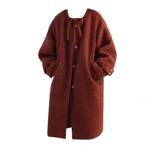 大码胖mm复古森系蝴蝶结中长款羊羔毛毛呢外套女秋冬显瘦呢子大衣