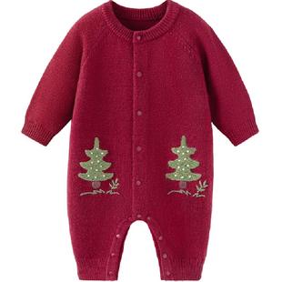 babylove宝宝连体衣针织毛衣冬羊毛保暖哈衣红色婴儿衣服浮翠流丹