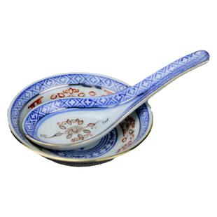 景德镇光明瓷厂老厂货七十年代青花玲珑加彩勺杯托盘碟子调羹汤勺