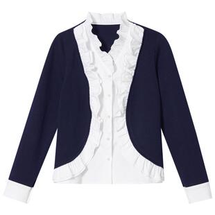 SALT.P可颜秋v领荷叶边衬衫撞色拼接假两件毛针织衫