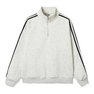 三条杠半拉链加绒卫衣女宽松美式上衣半高领花灰色学院风外套潮牌