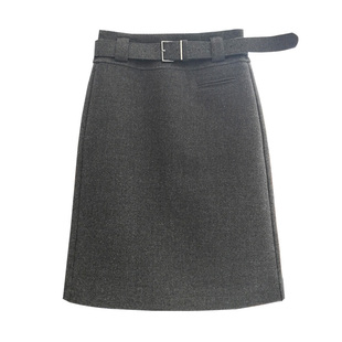 YIMOXI高腰毛呢中裙女2025冬季后开叉百搭一步裙显瘦直筒半身裙