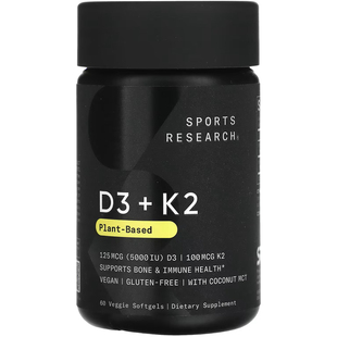 美国Sports Research纯素食VD维生素D3+K2植物基5000IU*60软胶囊