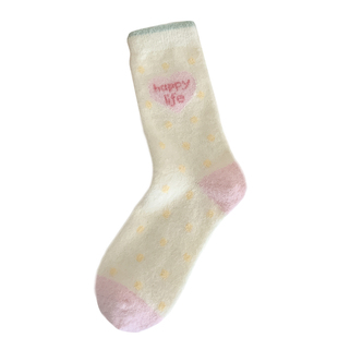 可爱甜美澳绒袜子女条纹卡通秋冬季加厚款保暖中筒堆堆居家睡眠袜