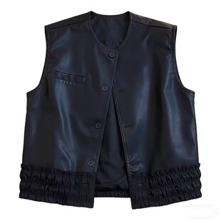 设计感蛋白皮马甲女春2026新款短款花边下摆无袖外搭坎肩马夹上衣