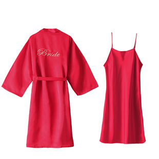 女士长款睡袍 春夏仿真丝绸绣字晨袍新娘伴娘晨袍 结婚睡袍两件套