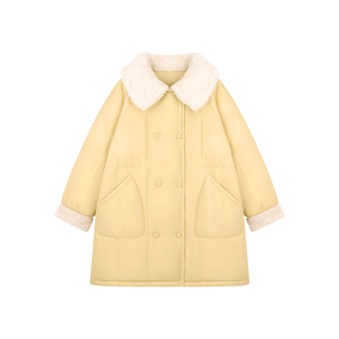 Amybaby女童上衣冬季2025新款纯色保暖中长款毛毛领双排棉服外套
