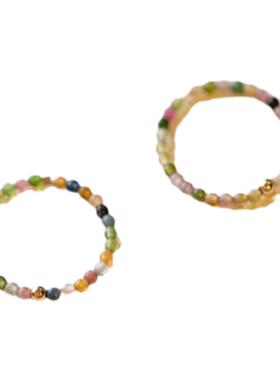 天然碧玺戒指18k黄金珠厚版3mm不变形au750糖果色彩虹碧戒圈指环