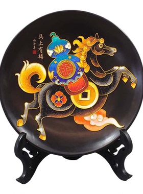 2026马年文创黑马马上有福济南非遗龙山黑陶掐丝景泰蓝工艺品摆件