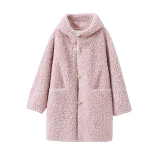 popchrio◆100%绵羊毛加厚毛绒连帽大衣牛角扣粉色小个子毛毛外套