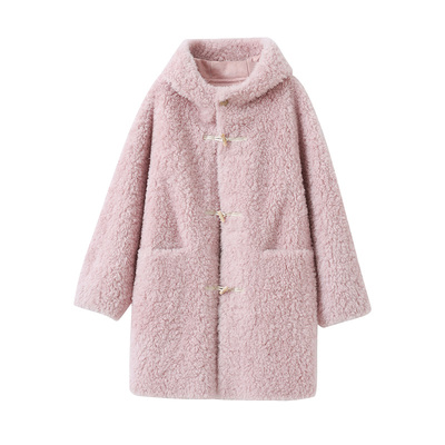 popchrio羊毛加厚毛绒连帽大衣