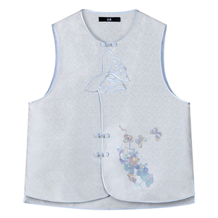 中国丝绸隆鹊[蝶恋兰芳水蓝]宋锦偏襟马甲新中式国风秋冬桑蚕丝