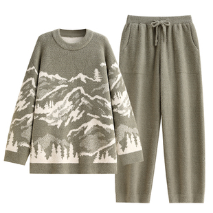 悦内半边绒睡衣男士秋冬季珊瑚绒加厚加绒保暖家居服男款休闲时尚