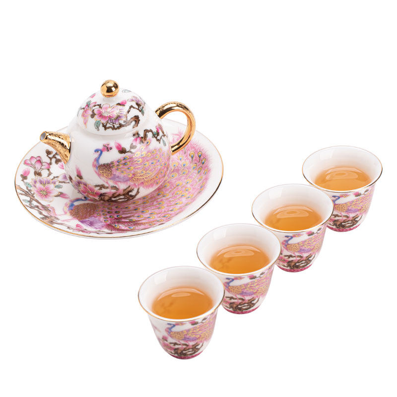 羊脂玉掐丝银孔雀一壶四杯