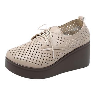 2026春秋复古舒适真皮单鞋女坡跟厚底防水台真皮镂空透气女鞋皮鞋