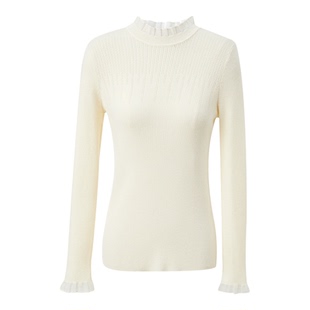 三彩2024冬季新款纯色针织衫玻璃纱拼接毛衫内搭打底衫修身女