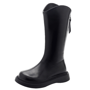 女童长筒长靴子2025新款秋冬季黑色公主二棉高筒儿童马丁皮靴加绒