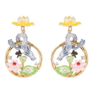 龙年饰品原创设计时尚珐琅釉珍珠荷花荷叶青龙圆形耳环银针耳钉女