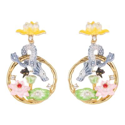 珍珠荷花荷叶圆形耳环