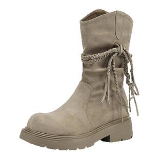 星期六美拉德流苏厚底棕色靴子2025秋冬新款堆堆靴骑士靴短靴女靴