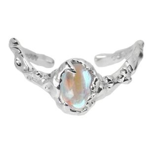 原创小众925纯银戒指月光石简约冷淡风女开口食指戒显手长