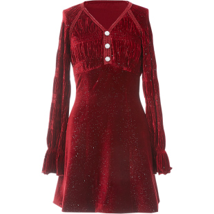 瑰黛冬季新款复古连衣裙红色礼服裙女宴会气质丝绒晚礼服新年红色