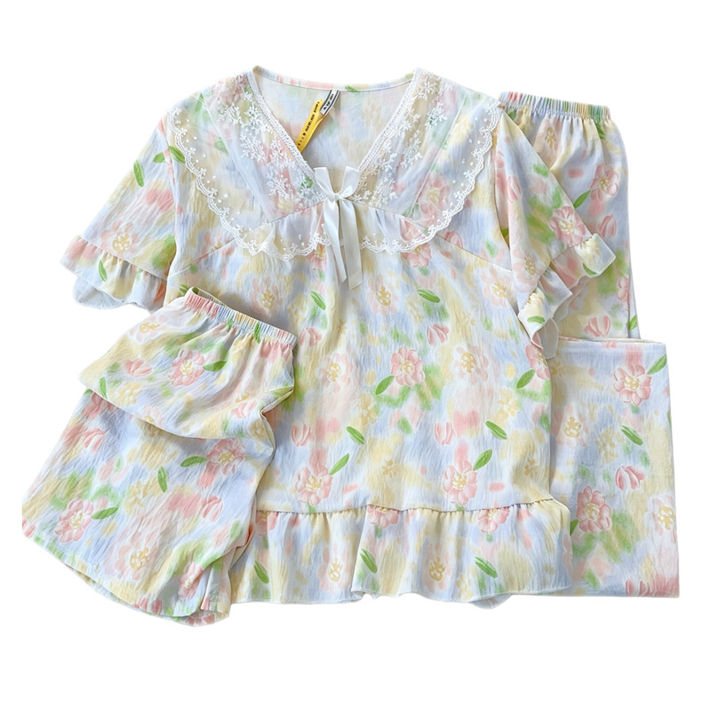 【三件套】新款套头花色薄睡衣女云朵夏季短袖宽松家居服大码套装