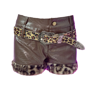 野涩猫*Y2K辣妹亚比文化小众废土风PU皮卡其色豹纹毛边短裤送腰带