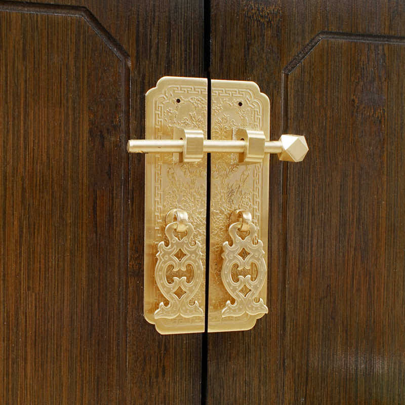 中式复古刻花直条把手仿古纯黄铜拉手衣橱书柜门红实木家具铜配件