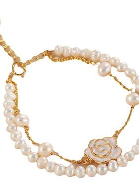 山茶花淡水珍珠手链女纯银轻奢小众精致2025年新款手串生日礼物