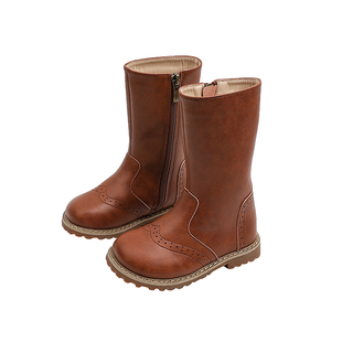 韩版女童高筒靴秋冬季复古儿童马丁靴雕花舒适中小孩童鞋男童单靴