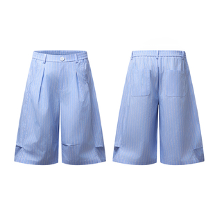 期望Studio美式简约条纹休闲裤女夏季宽松百搭阔腿裤直筒七分裤男