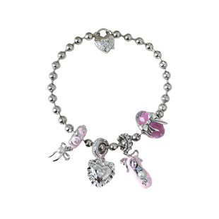 DARKXX•芭比少女时期芭蕾舞鞋爱心蝴蝶结吊坠纯银串珠圆手链成套