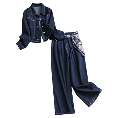 牛仔外套阔腿牛仔裤女装三件套装