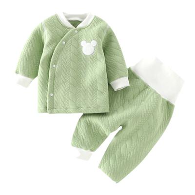 婴儿三层夹棉秋衣套装高腰冬季