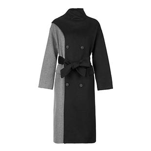 sdeer圣迪奥女装春秋装不规则领撞色收腰毛呢长款大衣S223Z2505