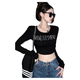 黑色正肩长袖t恤女春秋冬甜辣妹女装修身内搭打底衫万能短款上衣