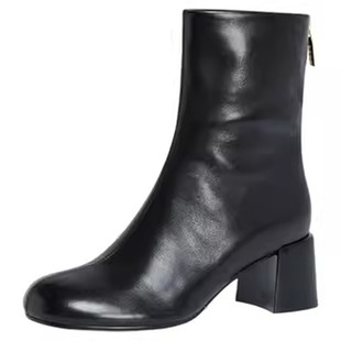 ELLE羊皮靴子短靴女2025新款冬高级感方头粗跟加绒瘦瘦靴高跟女鞋