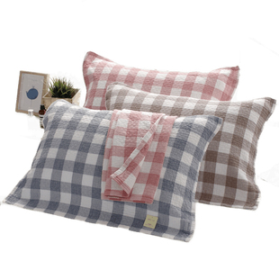 佰乐纯棉纱布枕巾一对装全棉情侣枕头巾日式无印格子田园枕头毛巾